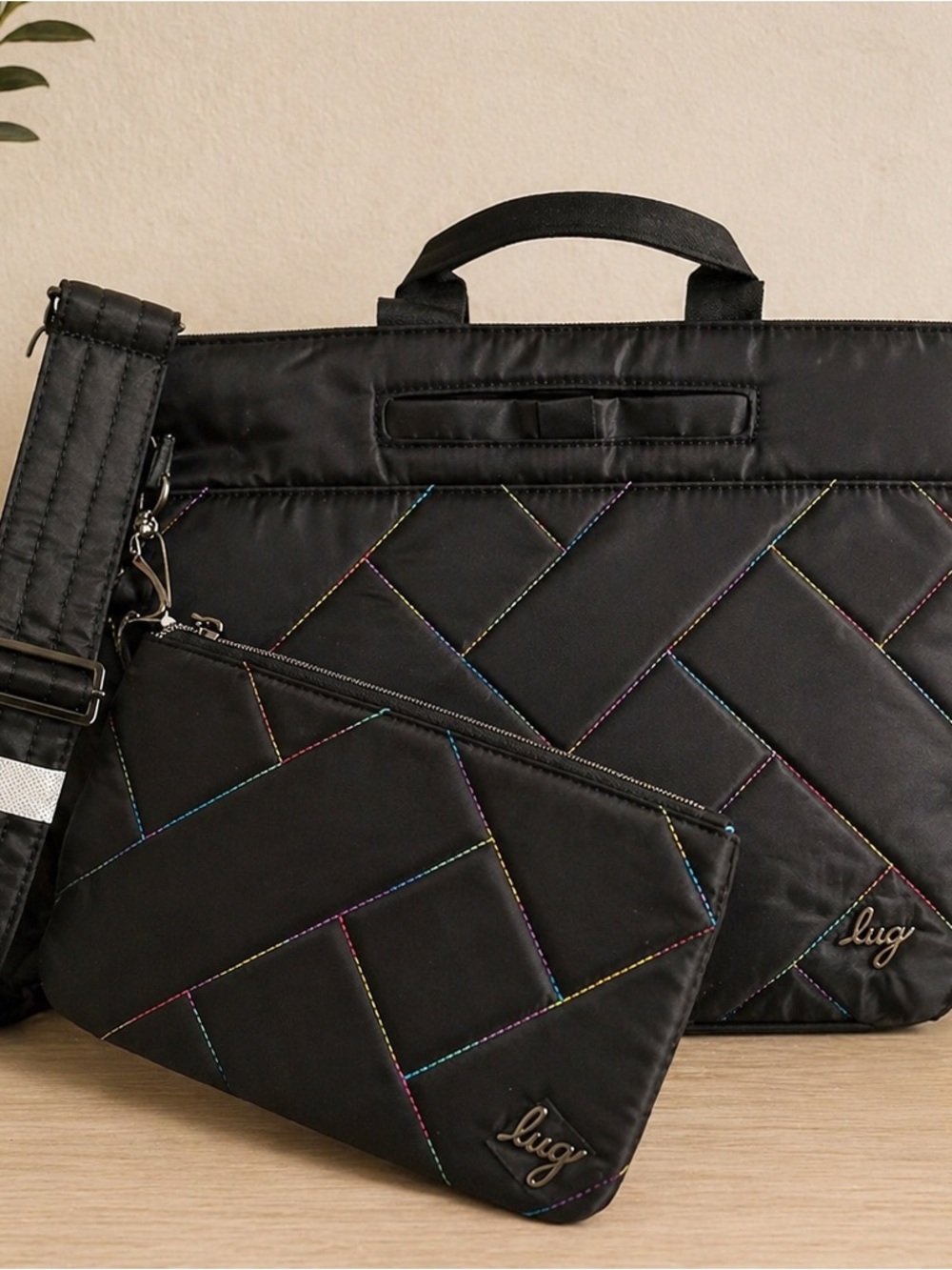 Lug Medium 2 Piece Crossbody- Tenor Black with Rainbow Stitch